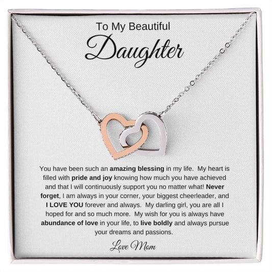 To My Beautiful Daughter | Love Mom | Interlocking Heart Necklace